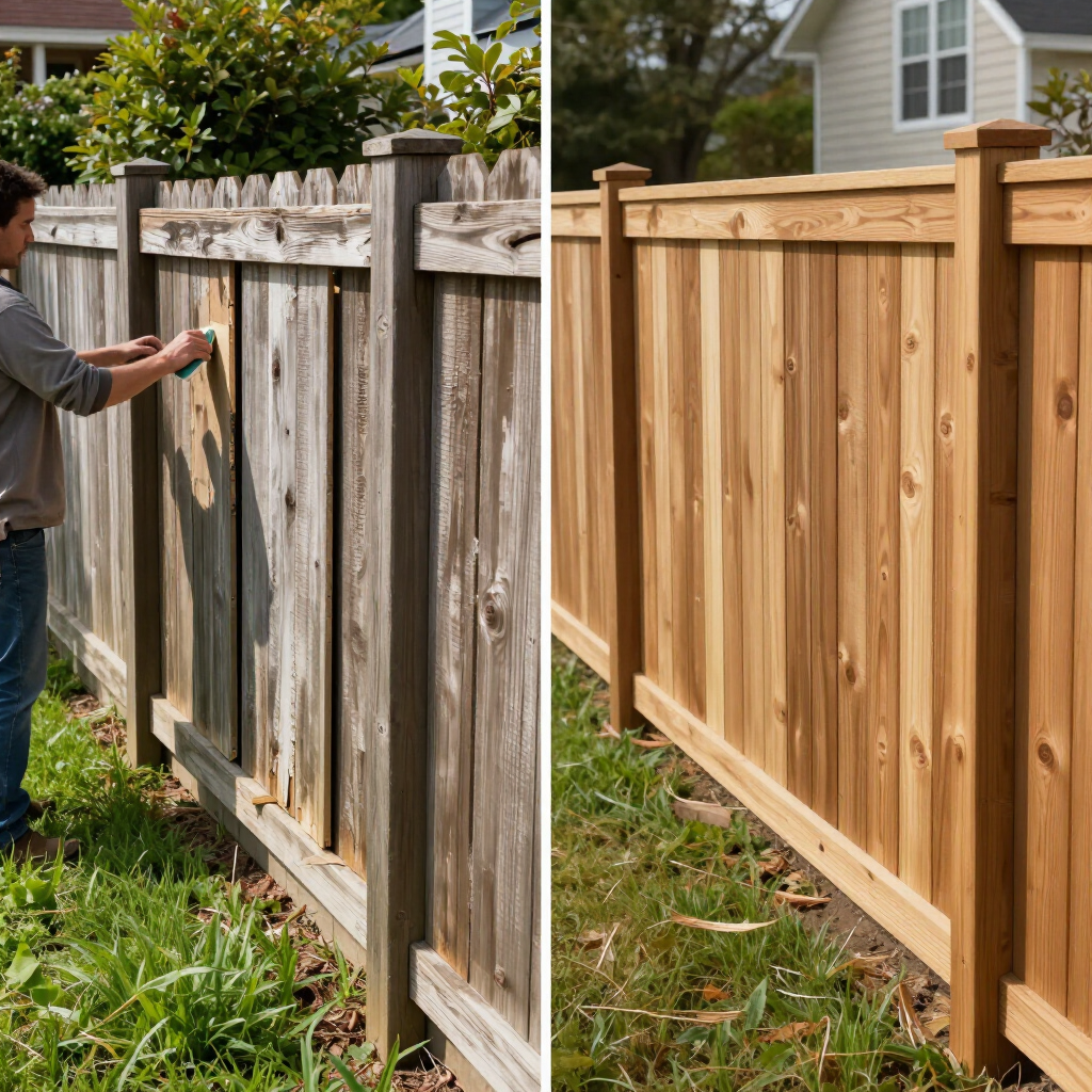 Before and after view of a wooden fence being repaired and stained in a backyard yard.