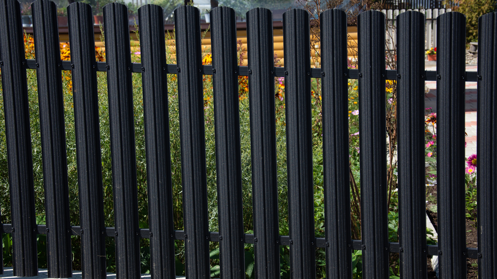 Black vertical picket fence in front of greenery and yellow flowers.