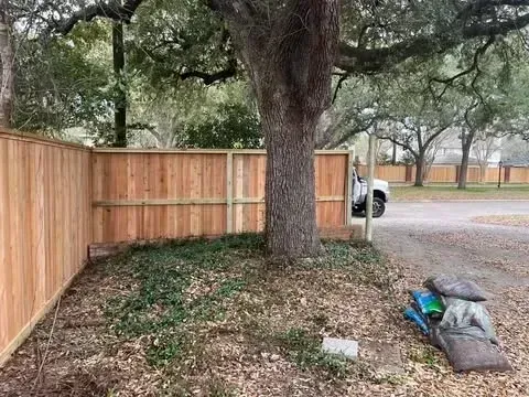 Wooden fence surrounds a tree in a yard, with gravel and yard waste visible.