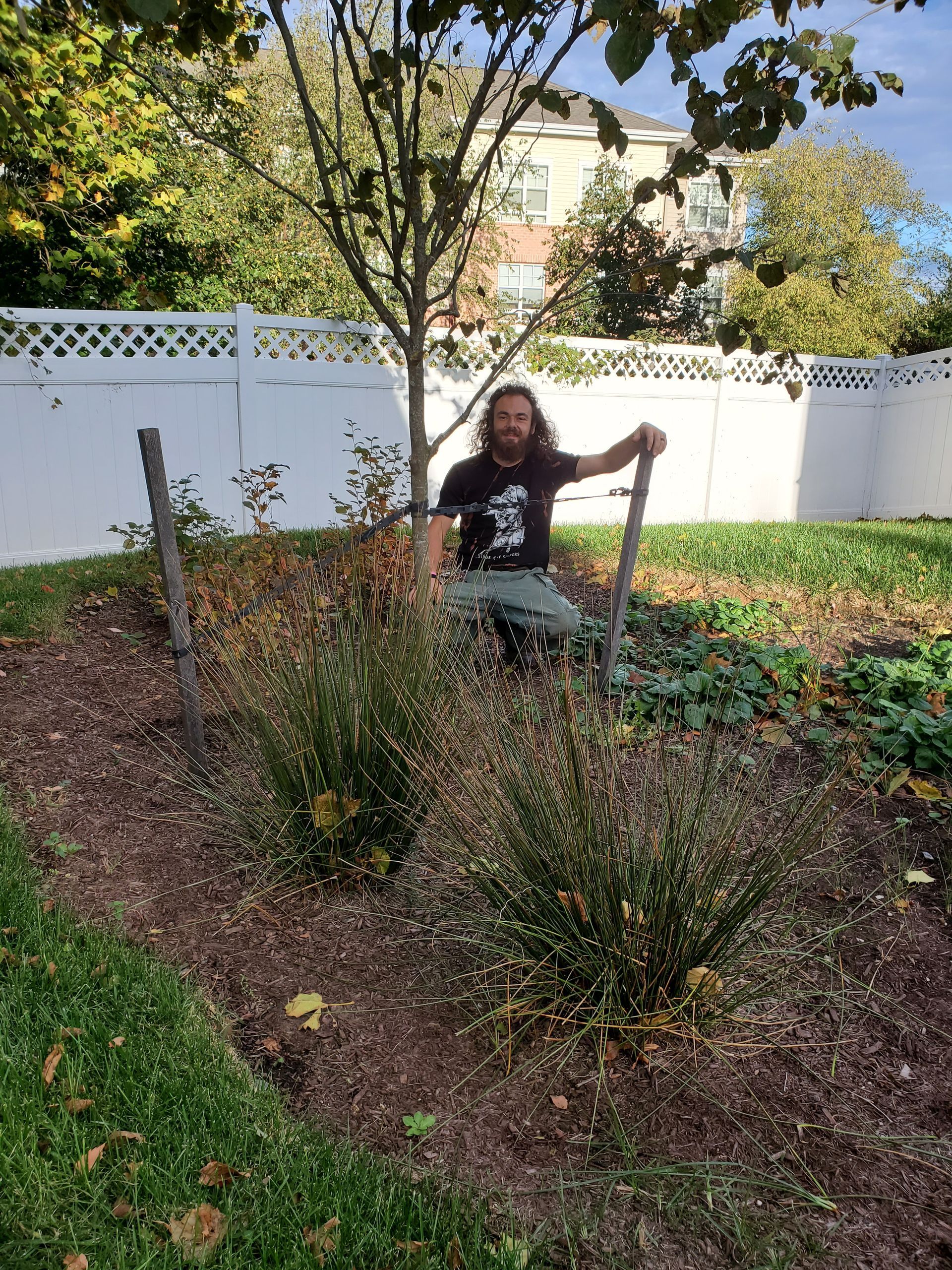 Man kneeling in a garden, holding a shovel. Brown mulch surrounds two bushes and tree, with a white fence background.