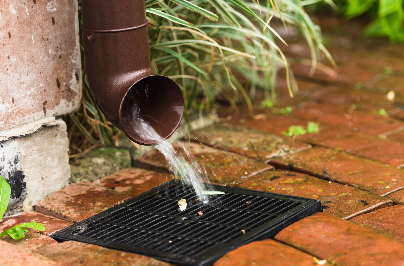 Brown rain gutter pouring water onto a black drain set in brick pavement; wet plants visible.