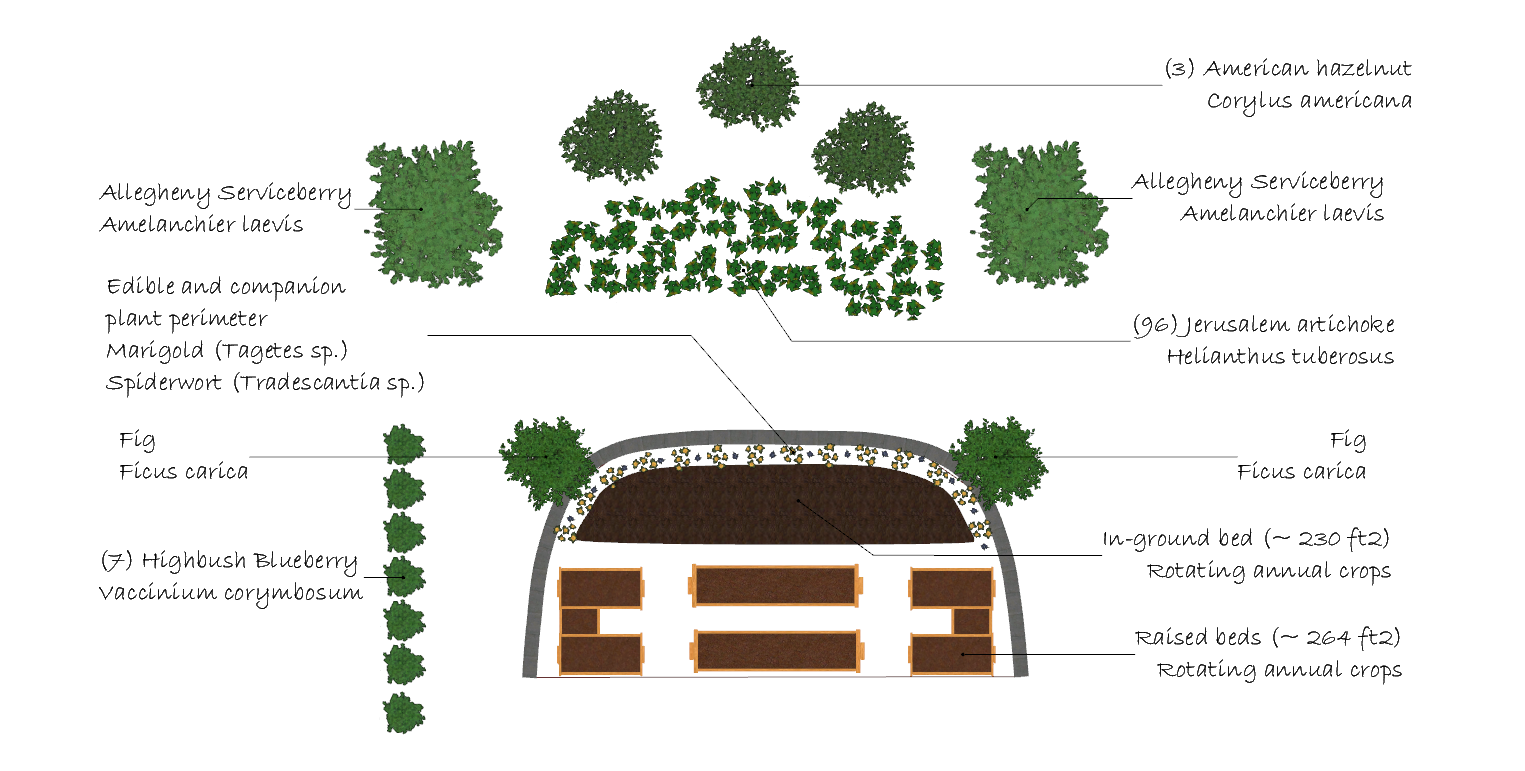 Architectural diagram of a building with surrounding trees and landscaping, potentially a garden or park setting.