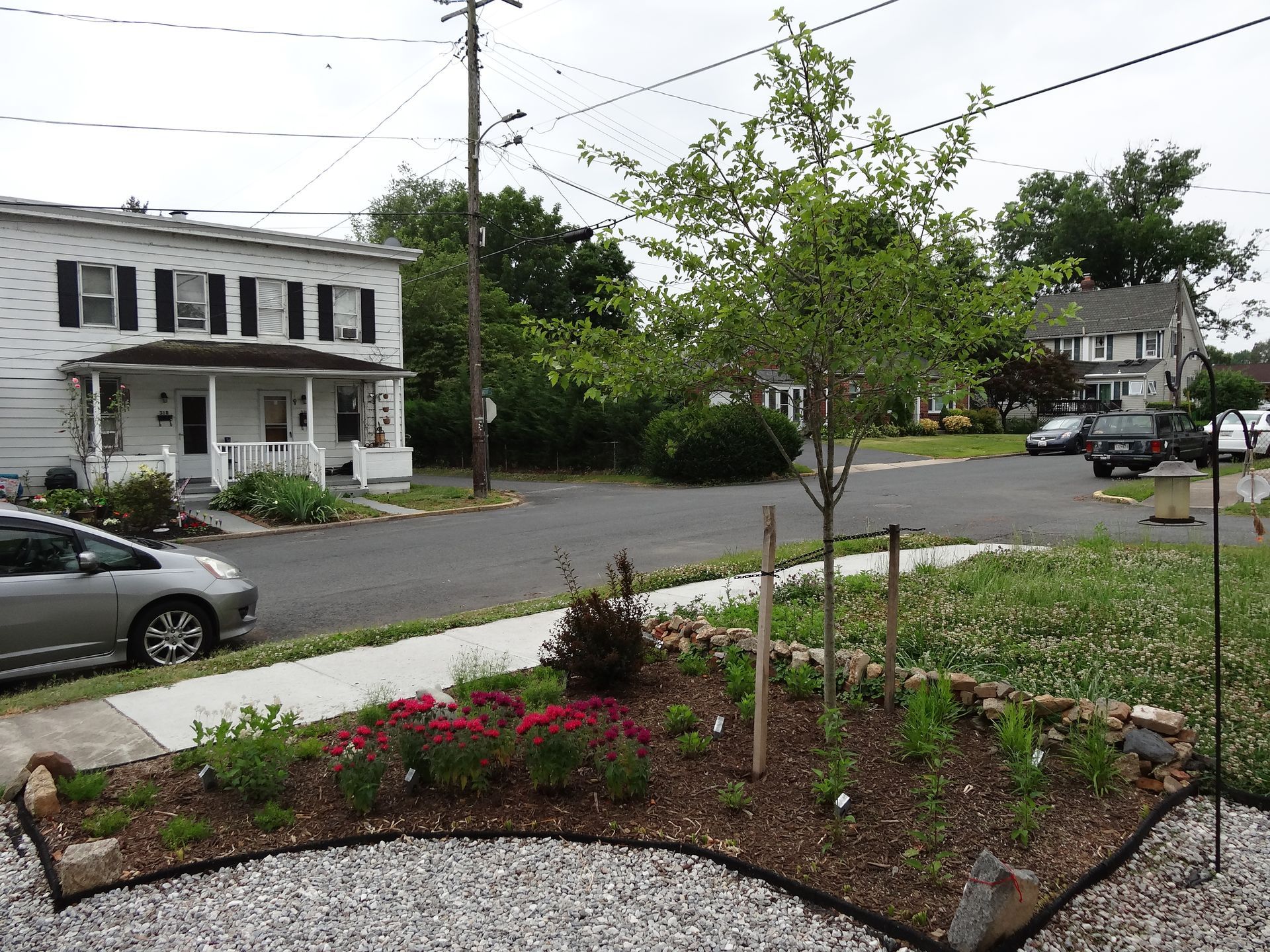 Street scene with a garden in the foreground, two-story houses, trees, and cars.