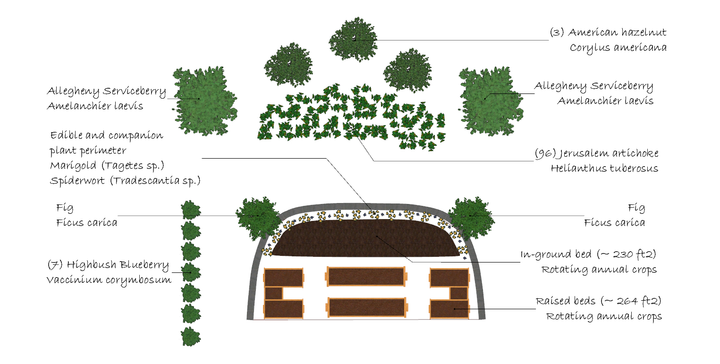 A diagram of a building with green trees and bushes around it, with labels.