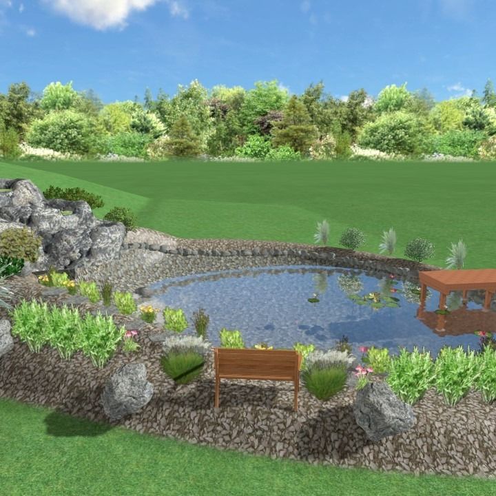 A landscaped pond with waterfall, wooden bench, and small dock surrounded by greenery and rocks.