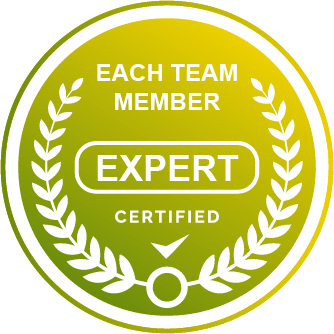 A badge that says each team member expert certified