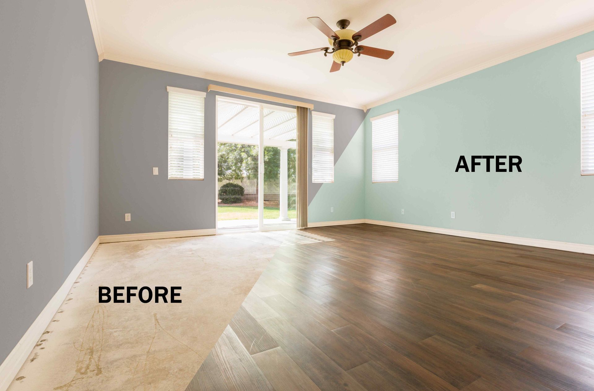 A before and after photo of a living room with a ceiling fan.