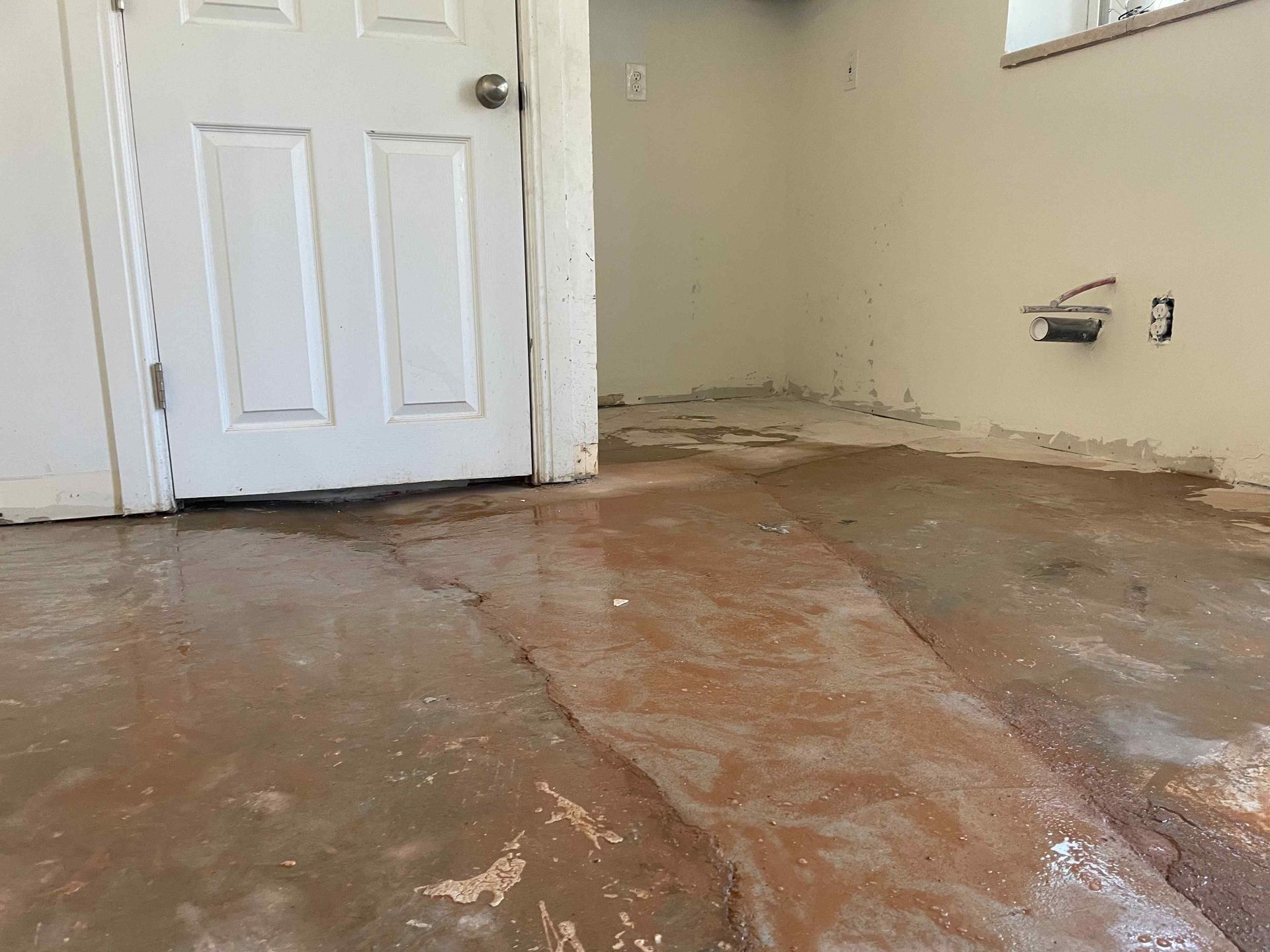 A room with a white door and a brown floor.