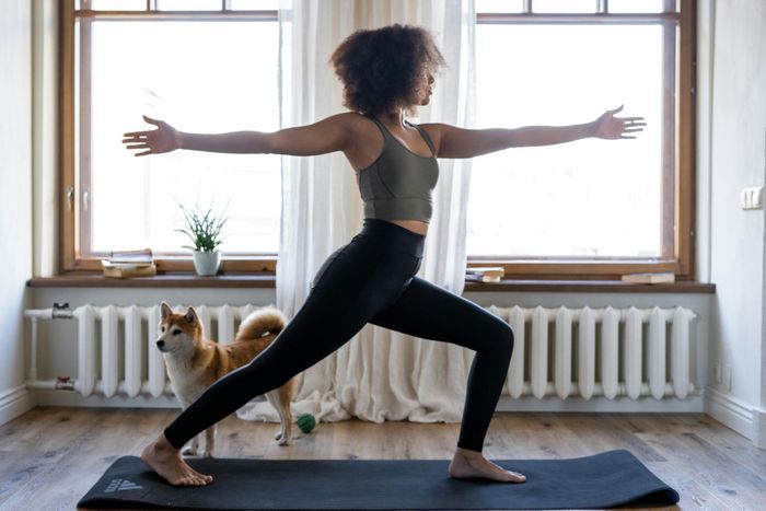 A woman is practicing yoga in a room with a dog.