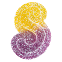 A sugar-coated gummy candy shaped like an S, with a yellow top half and a purple bottom half.