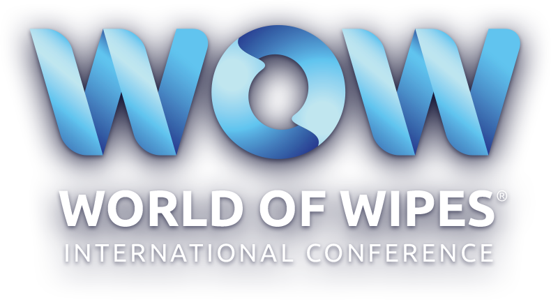 Logo for World of Wipes International Conference: blue "WOW" with swirling design; text below: "WORLD OF WIPES" and "INTERNATIONAL CONFERENCE."