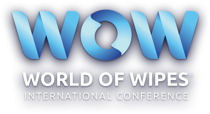 Logo for World of Wipes International Conference: blue "WOW" with swirling design; text below: "WORLD OF WIPES" and "INTERNATIONAL CONFERENCE."