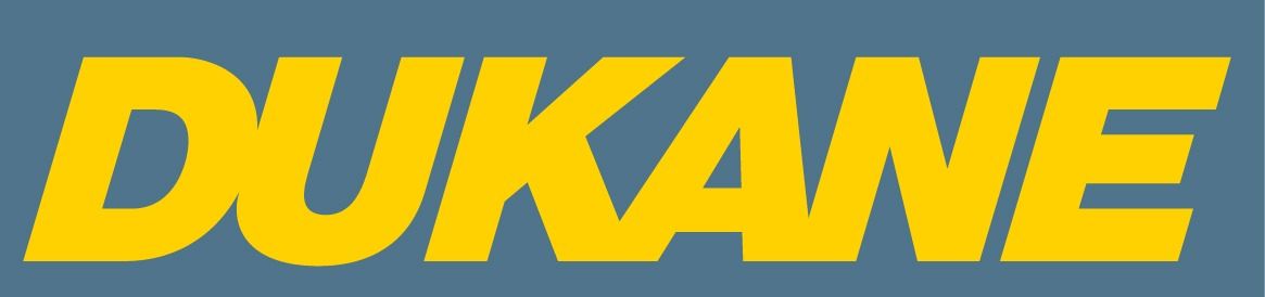 Dukane logo in yellow letters on a blue background.