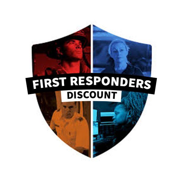 the logo for first responders discount shows a shield with four people on it .
