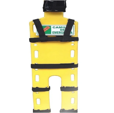 Una camilla de emergencia amarilla con correas negras sobre un fondo blanco.