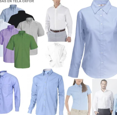 Un collage de camisas de hombre y mujer en diferentes colores para dotaciones empresariales.