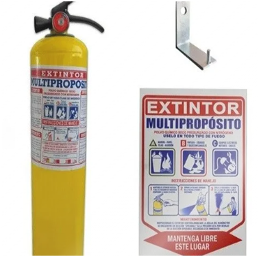 Un extintor amarillo junto a un cartel que dice extintor multiproposito