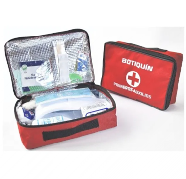 Un botiquín de primeros auxilios de color rojo con la palabra botiquín en él.