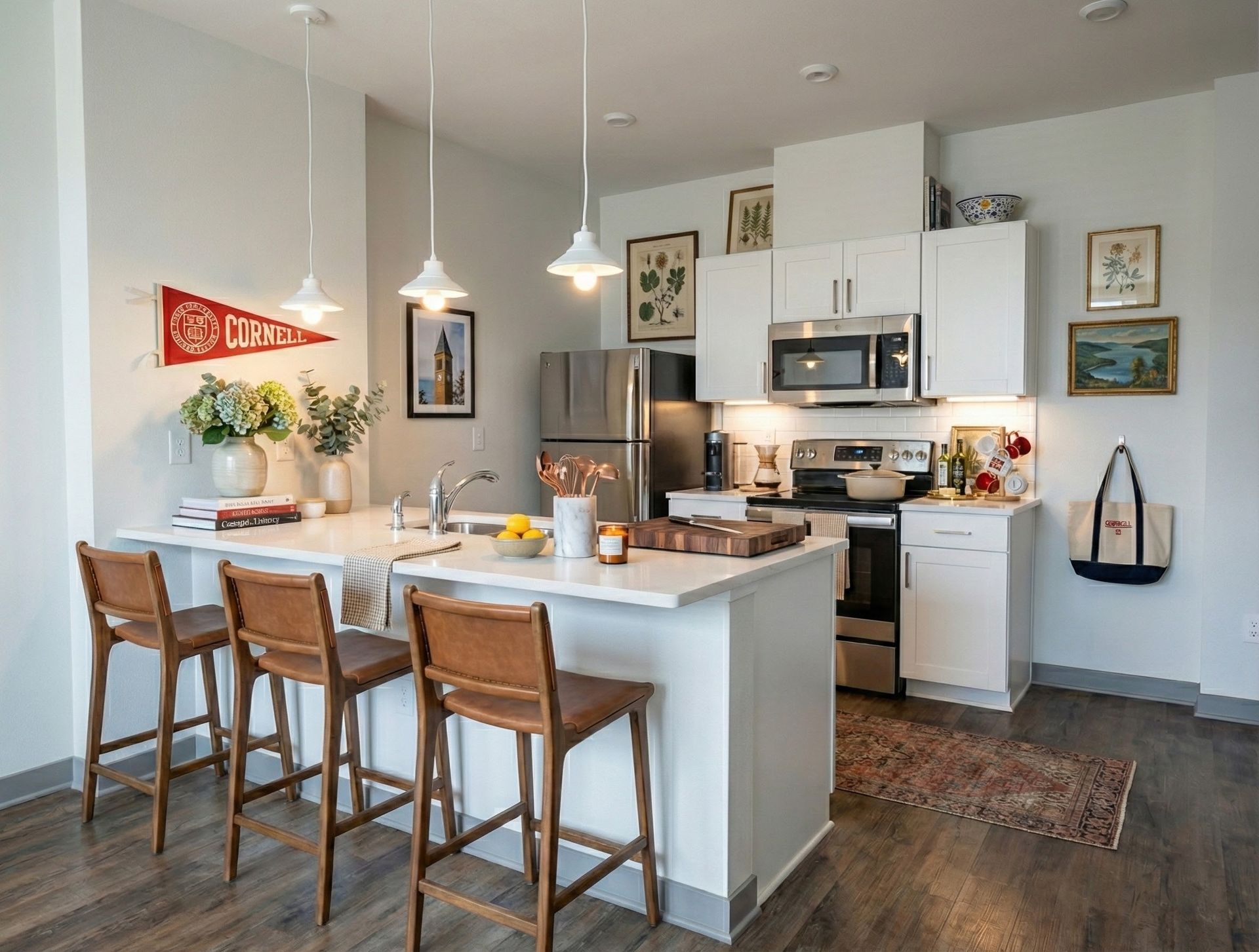 Modern kitchen with white cabinets, island with stools, and stainless steel appliances.