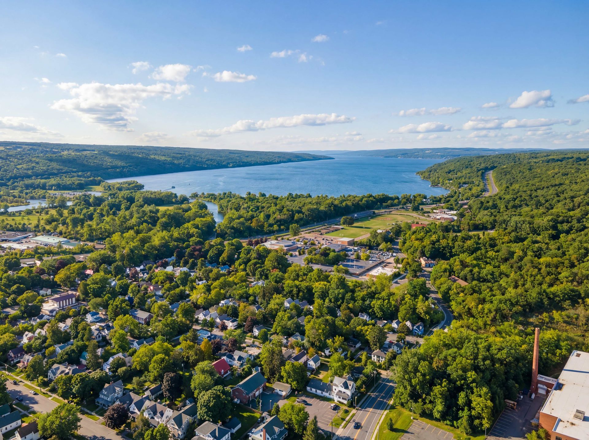 Aerial view of a town nestled near a large lake, surrounded by lush green trees under a blue sky.