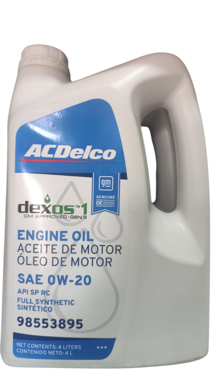 Aceite ACDelco SAE 0W-20, dexos1. ​​Aceite de motor totalmente sintético.