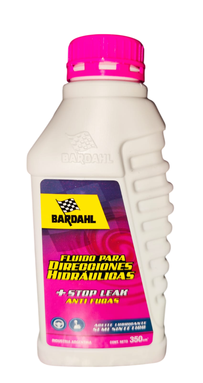 Botella Bardahl blanca con etiqueta rosa y amarilla para fluidos hidráulicos, antifugas.