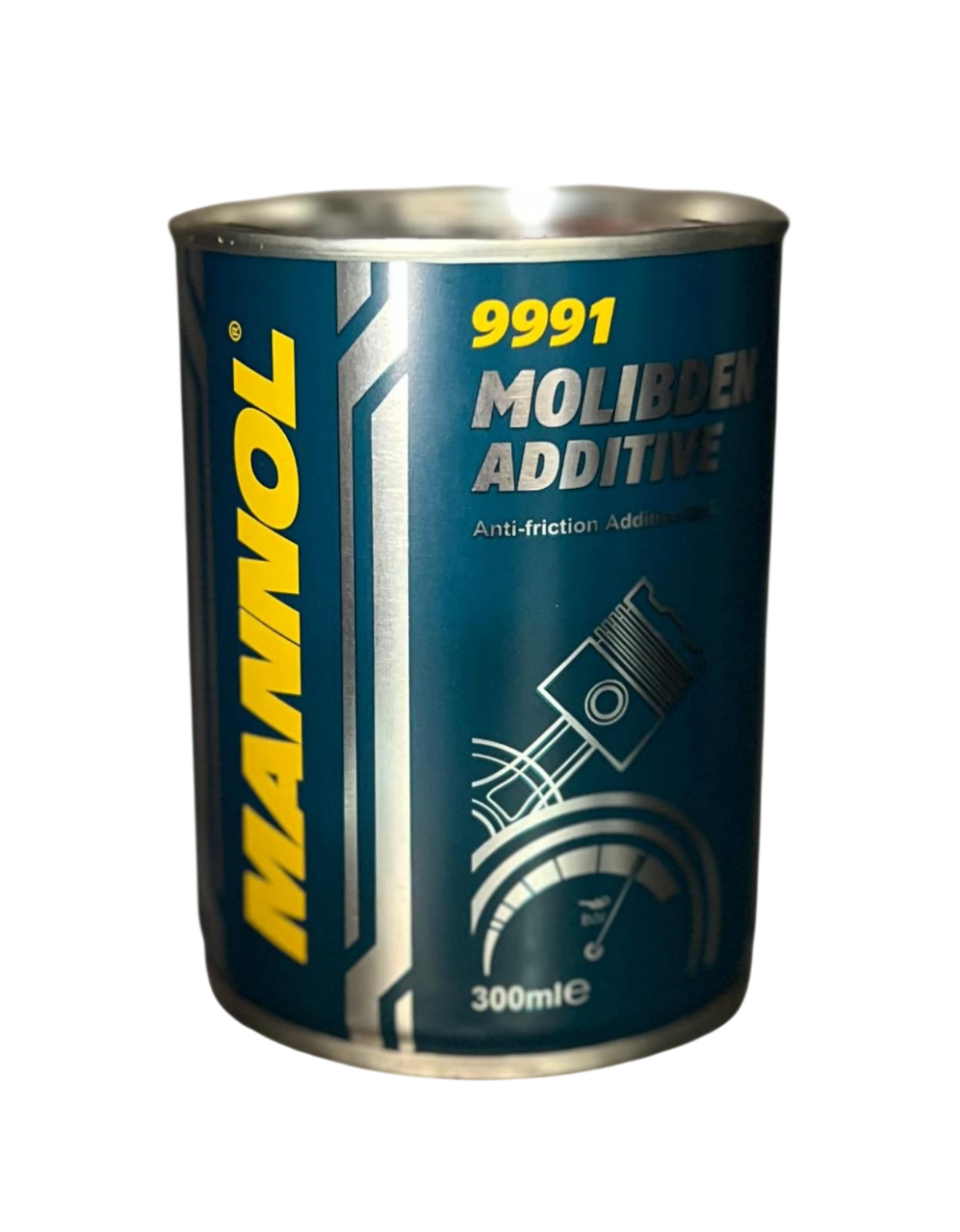 Lata azul de aditivo de molibdeno Mannol, 300 ml, con gráfico de motor.