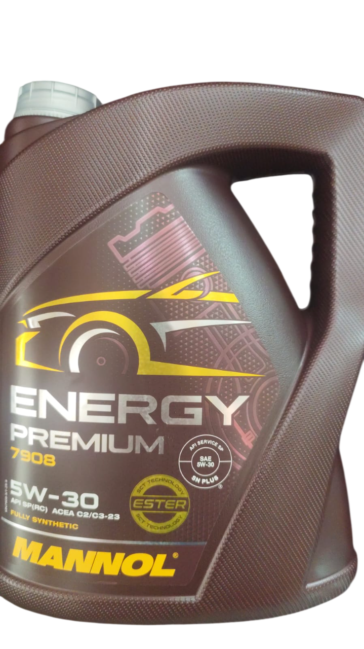 Envase de aceite de motor de color marrón con la palabra “ENERGY” y “5W-30” visibles.