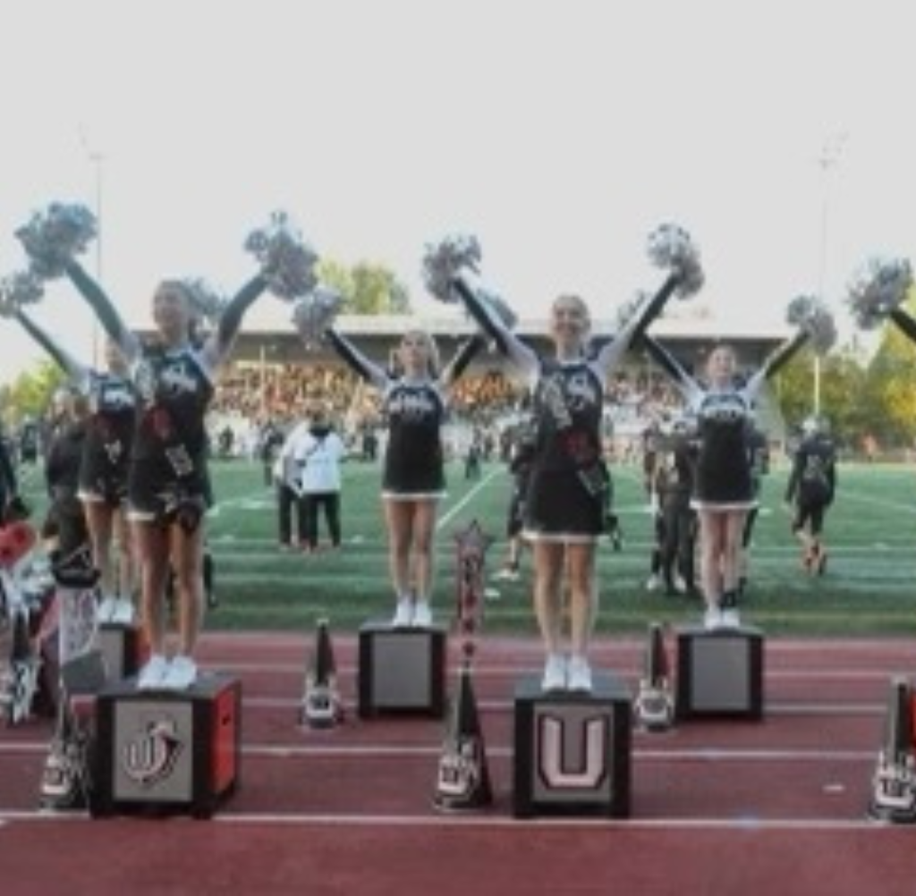 Cheerleaders on boxes with pom-poms on a field with a crowd.