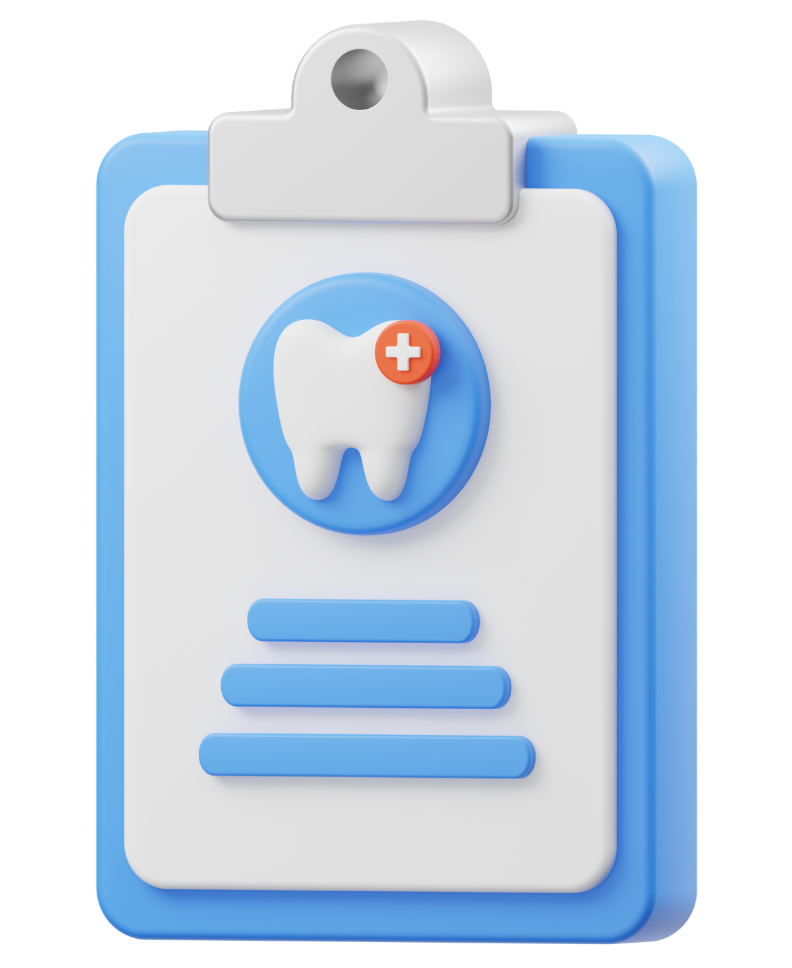 Dental chart icon. Blue and white clipboard with tooth symbol and plus sign.