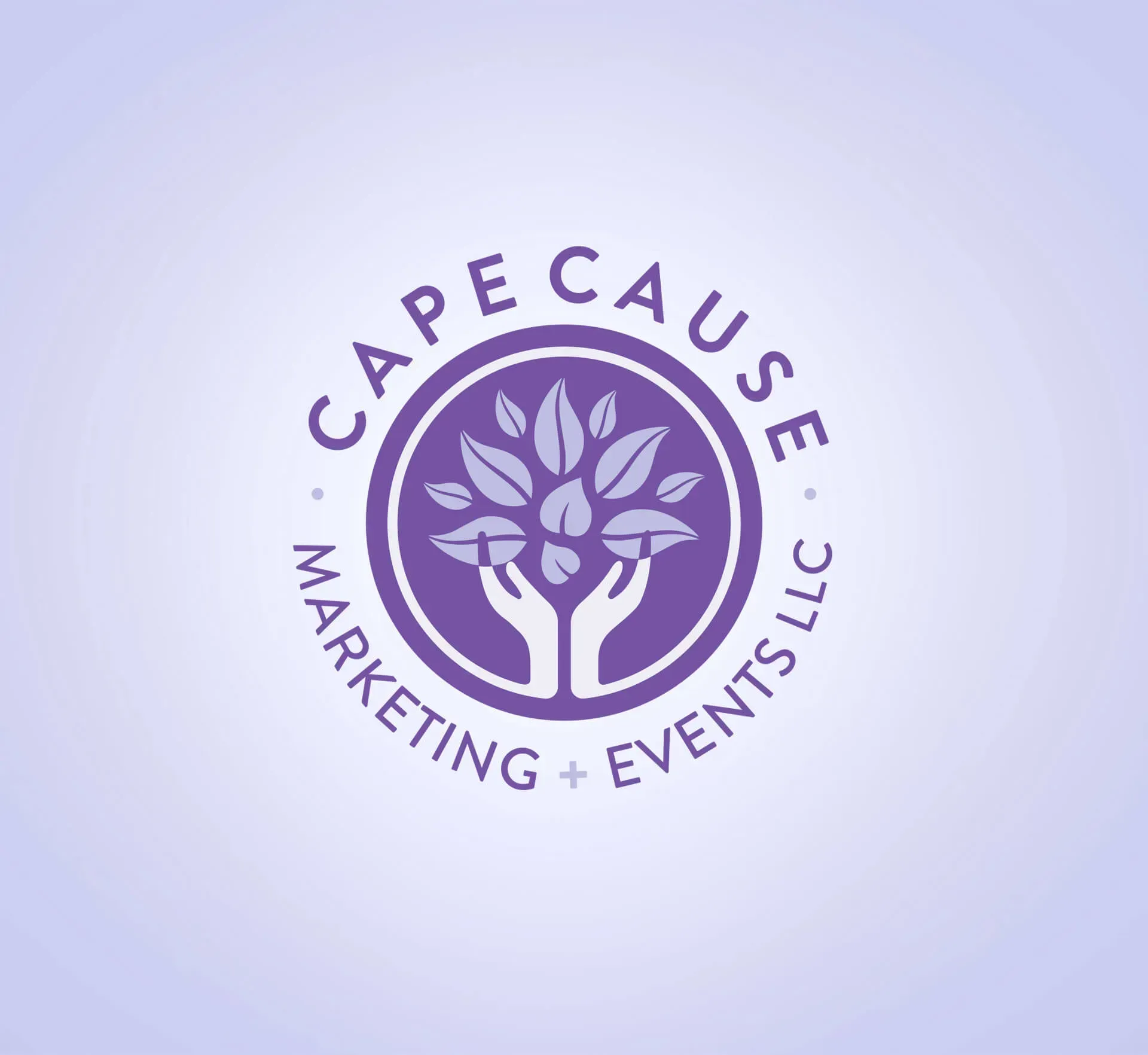 Purple logo for Cape Cause Marketing + Events LLC: hands holding a leafy tree inside a circle.