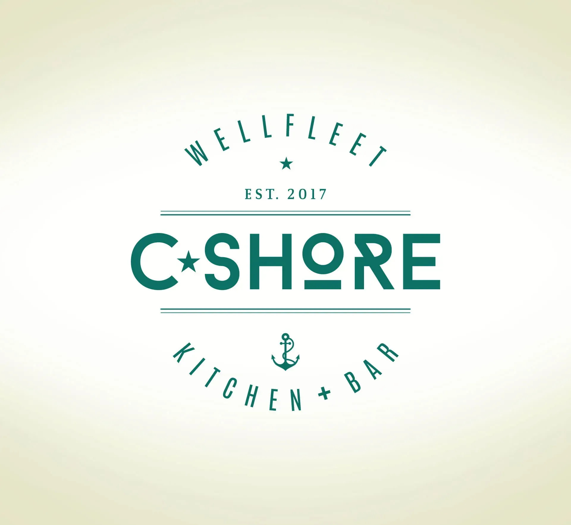 Logo for C Shore Kitchen + Bar in Wellfleet, Massachusetts, featuring teal text and an anchor symbol.