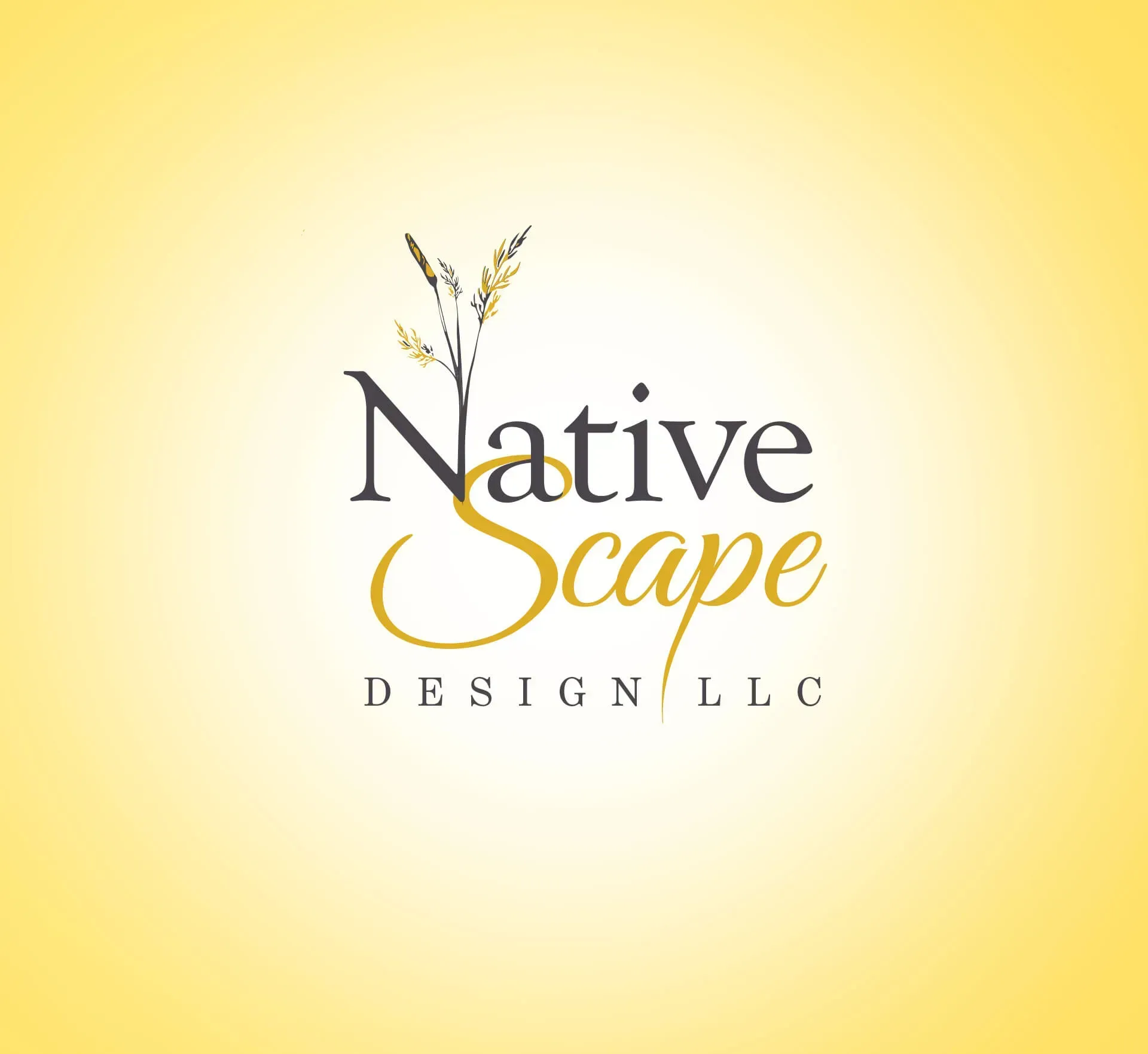 Native Scape Design logo: Text with wheat graphic, golden yellow and gray.