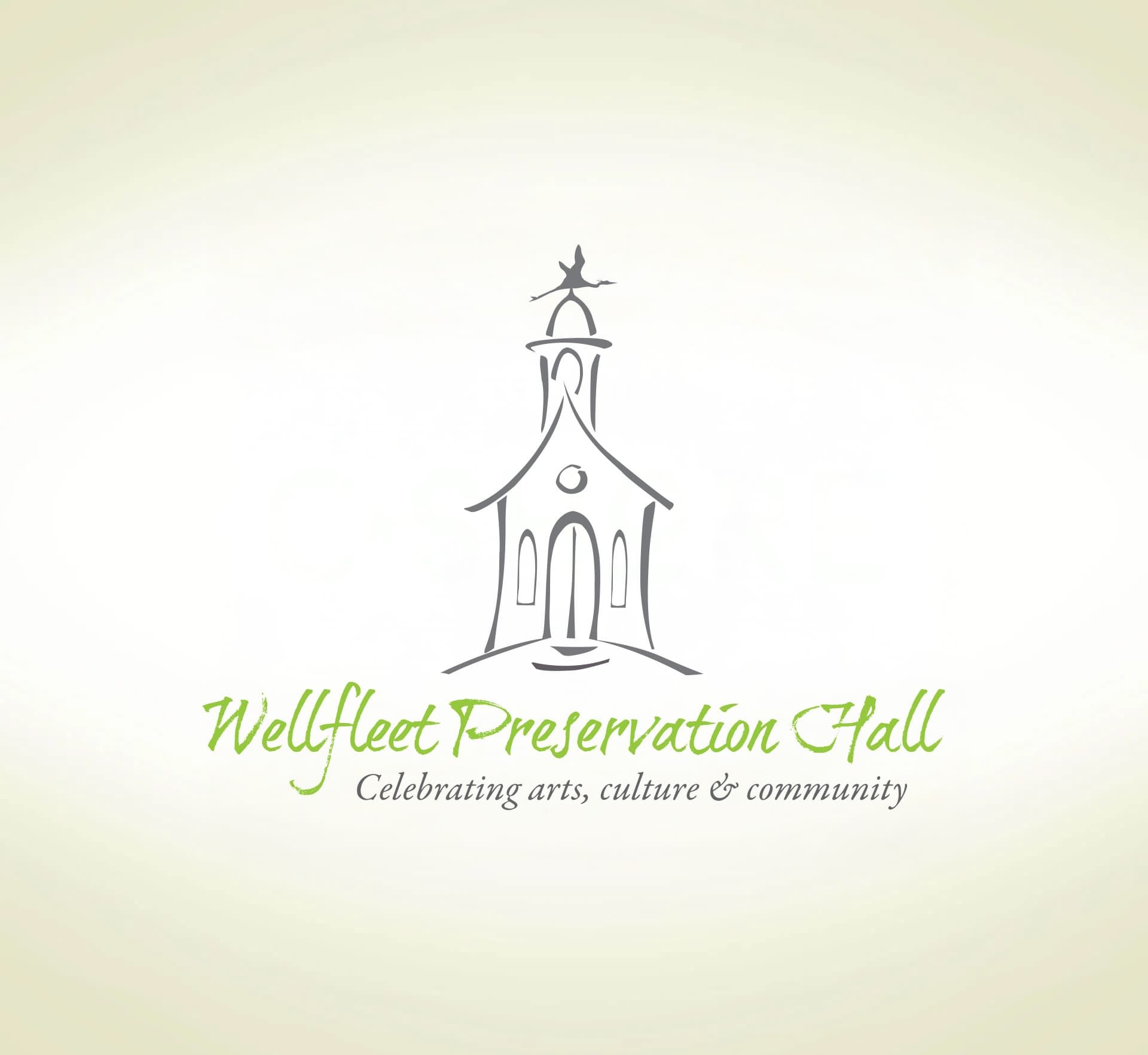Logo for Wellfleet Preservation Hall: sketched church with text 