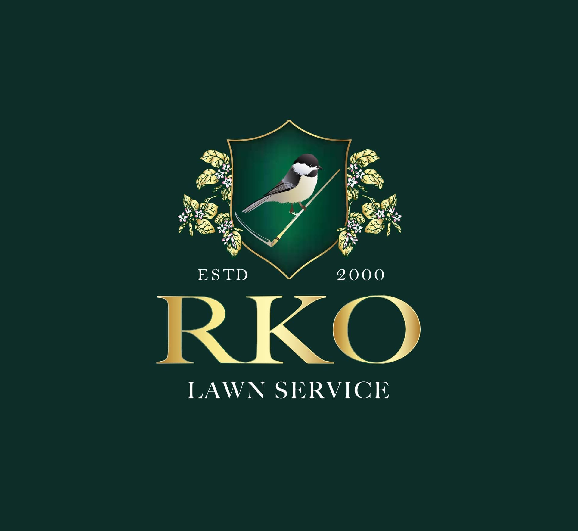 Logo for RKO Lawn Service, featuring a bird on a branch within a shield and gold lettering on a dark green background.