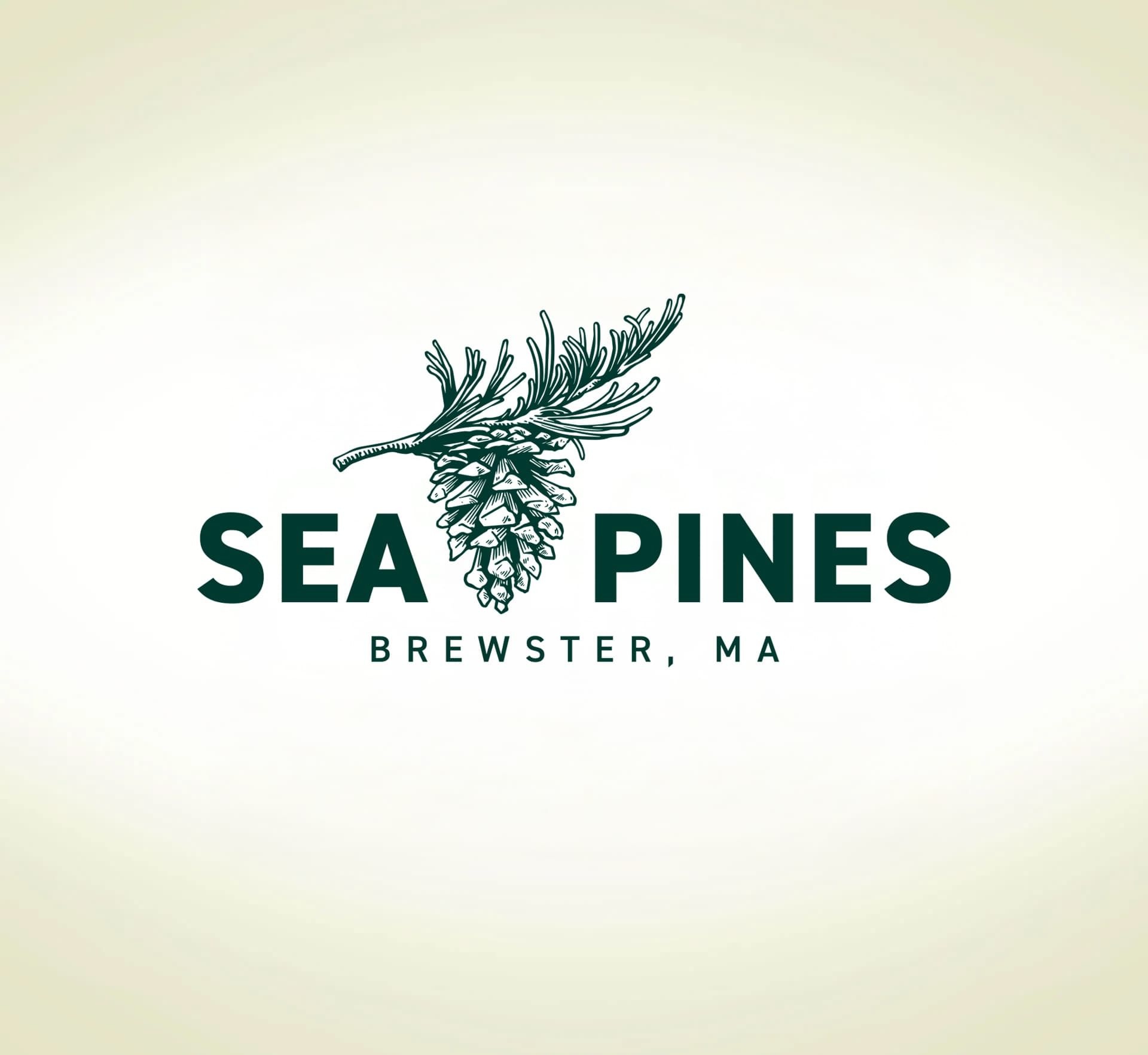 Logo for Sea Pines in Brewster, MA; features a pinecone and branch in dark green on a light background.