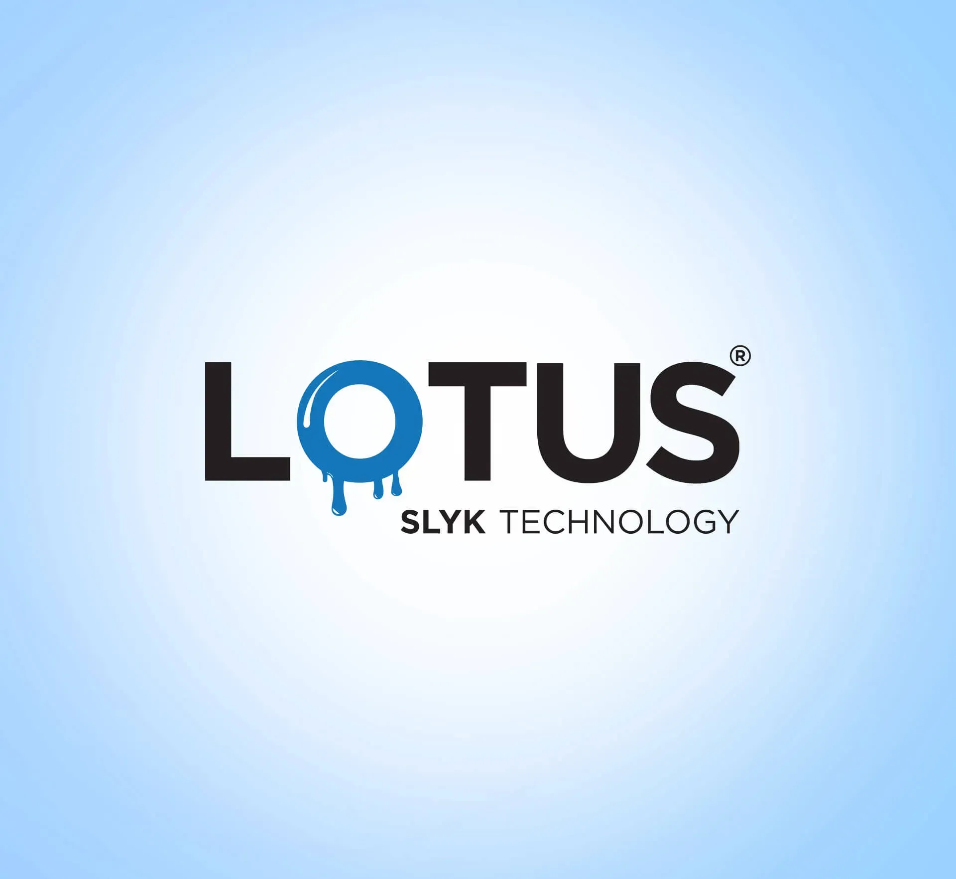 Logo for Lotus Slyk Technology, black text, blue dripping 'O' in 