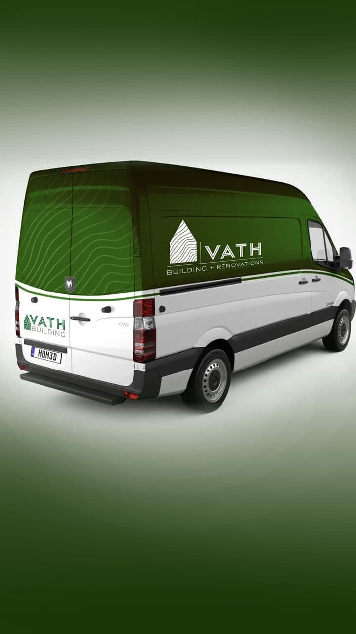 White van with green accents and the 