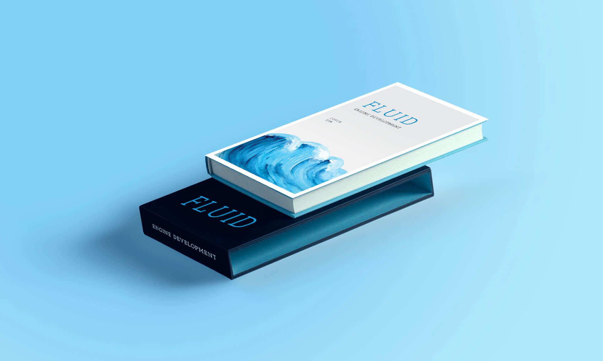 Two books, one white with blue wave art, one dark blue. Both books have 