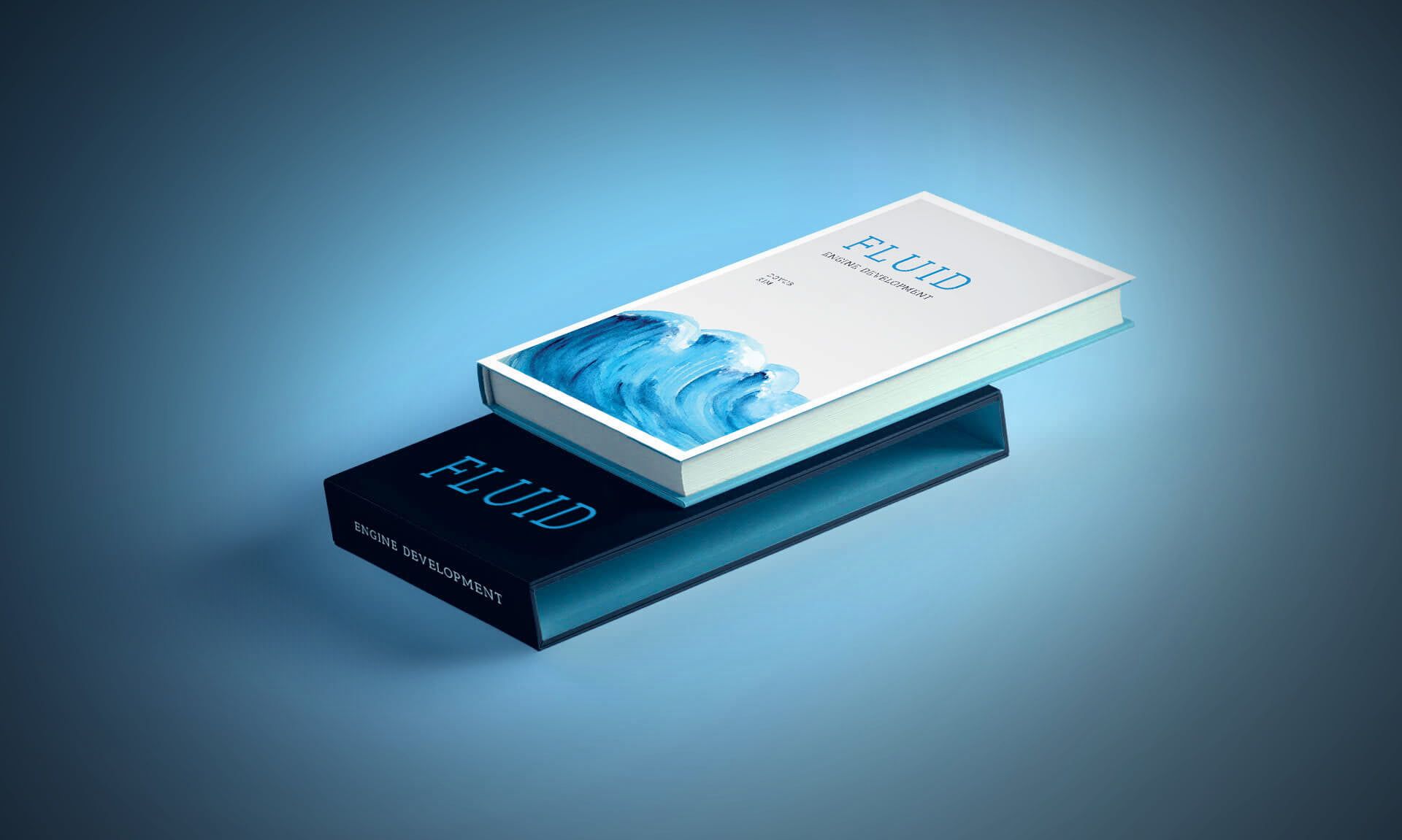 Two rectangular boxes, one white and one dark blue, stacked on a gradient blue background. The top box has a wave graphic.