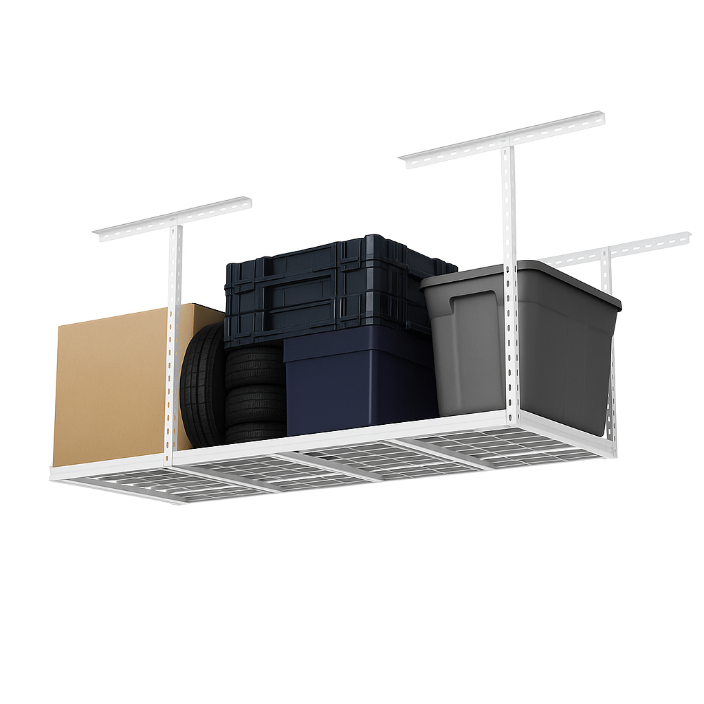 A ceiling rack filled with boxes , tires , and other items.