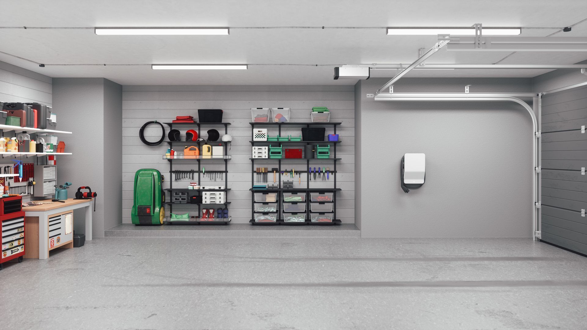 A garage filled with lots of shelves and a garage door.