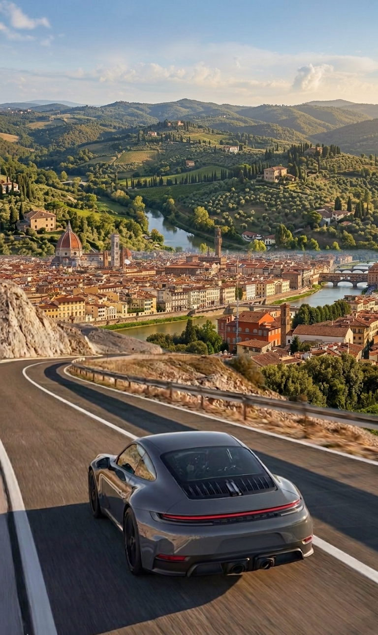 Una Porsche 911 grigio scuro percorre una strada tortuosa che si affaccia su una città con un fiume e colline, sotto un cielo al tramonto.