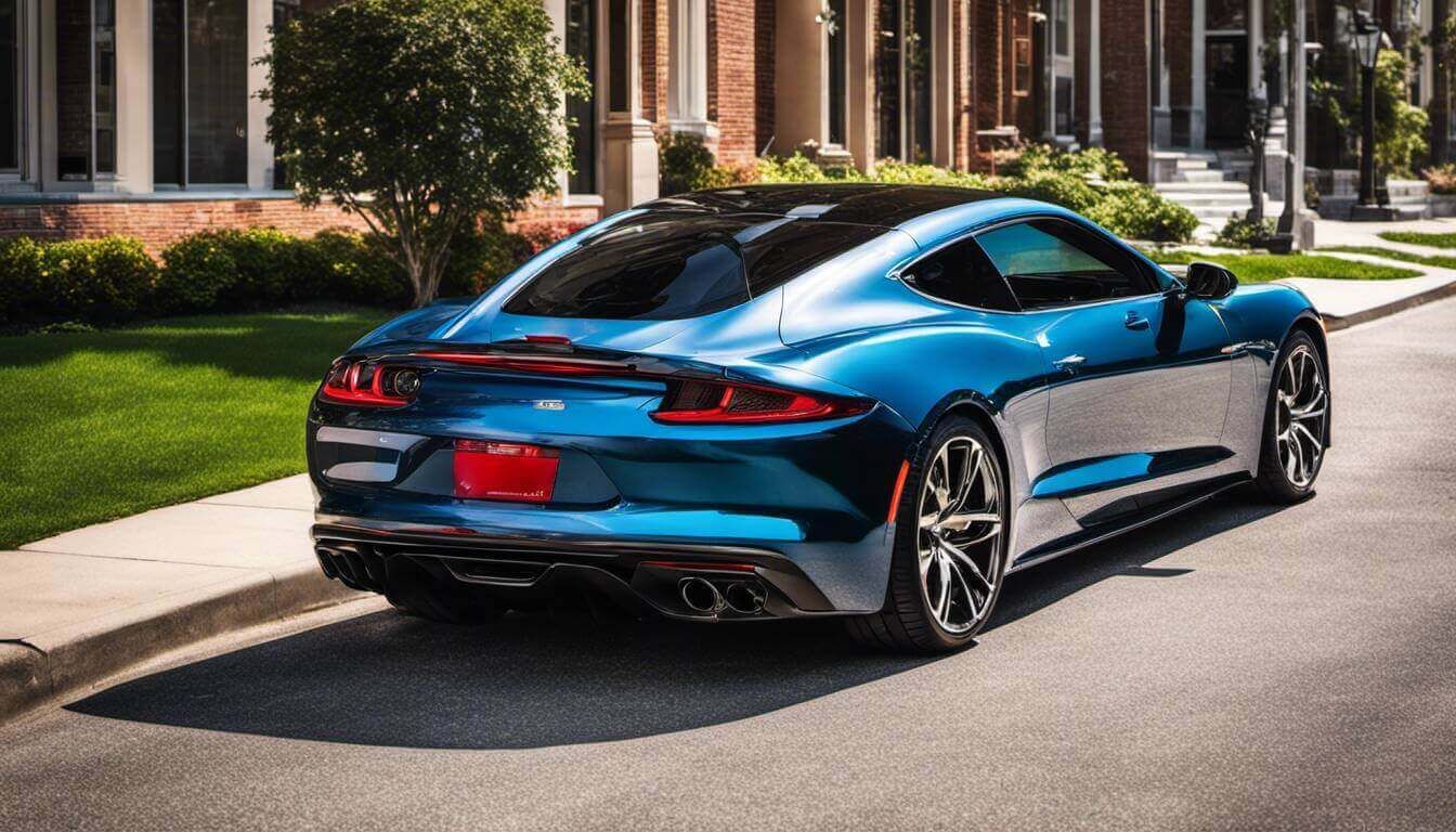 A blue sports car is parked on the side of the road in front of a house.