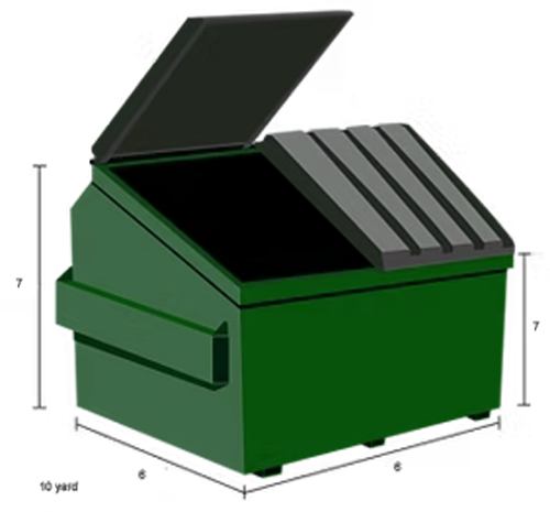 Green dumpster with open lid; 6' W x 6' D x 6'8