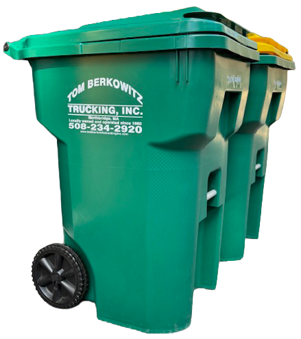 Green Tom Berkowitz Trucking Inc. trash bin with a lid and wheels.