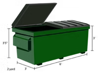 Green 2-yard dumpster with the lid partially open, dimensions labeled: 3’ height, 6’ length, and 3’ width.