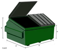 Green, open 6-yard dumpster. Dimensions noted: 6'L x 6'W x 5'H. Dark lid open.
