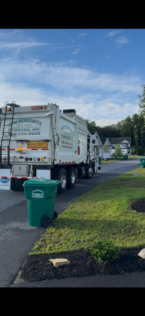 Garbage truck on a residential street next to a green trash bin. Sunny day with houses and trees.