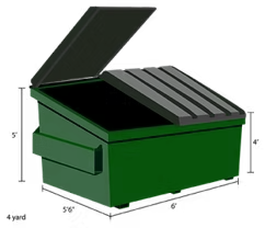 Green 4-yard dumpster with open lid, dimensions 5'x6'x4', viewed from an angle.